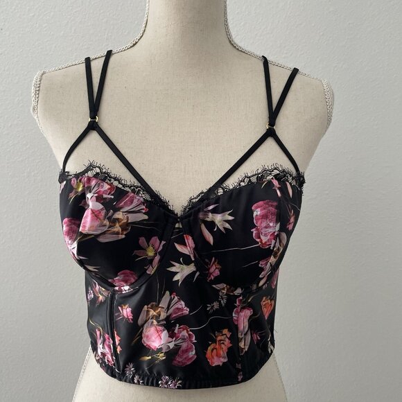 VICTORIAS SECRET VERY SEXY BLACK FLORAL SATIN BUSTIER CORSET TOP 36C GUC - Picture 1 of 9